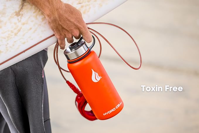 HYDRO CELL Stainless Steel Insulated Water Bottle with Straw - For Cold & Hot Drinks - Metal Vacuum Flask with Screw Cap and Modern Leakproof Sport Thermos for Adults (Mandarin 32oz)