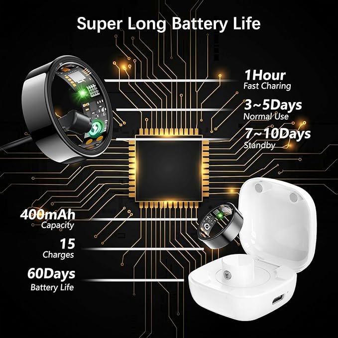 Smart Health Ring for Women Men, Fitness Tracker Ring with Heart Rate, Blood Oxygen, Sleep Tracker, Step Tracker, No Subscription Fee, IP68 Waterproof Smart Ring for iPhone & Android (Black, 13#)