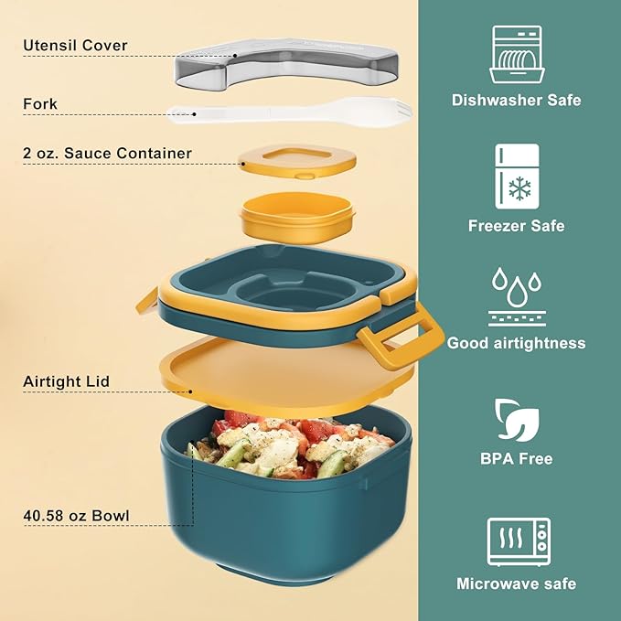 Bento Box for Adults & Kids – Single Compartment Lunch Box,Food Container,BPA-Free,Microwave & Dishwasher Safe with Removable Divider,Utensils & Sauce Jar-Blue