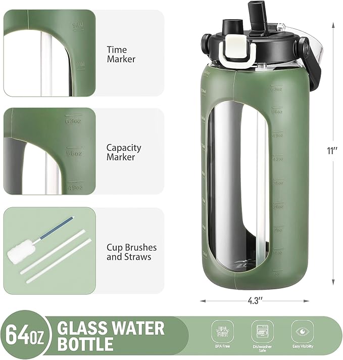 BLUEGO 64oz Glass Water Bottles with Straw Time Marker Half Gallon Large Motivational Water Bottle with Silicone Sleeve 2 Liter Large Glass Water Jug for Gym, Sports& Workout, Daily, Olive
