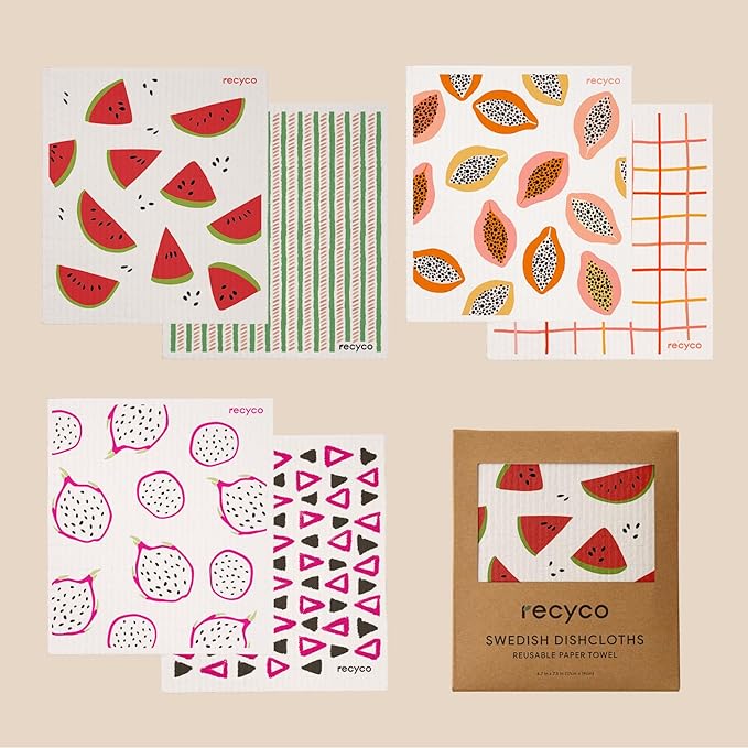 RECYCO Swedish Dishcloths for Kitchen | 6 Pack Tropical Fruit Washable Dish Rags | Cellulose Reusable Cleaning Paper Towels | Absorbent Counter Dish Cloth Sponge Kitchen Wipes, 8" L x 7" W