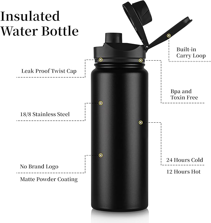 24 oz Insulated Water Bottle with Straw Lid & Wide Mouth Lids, Stainless Steel Sports Water Bottles, Double Walled Vacuum, Leak Proof,Black
