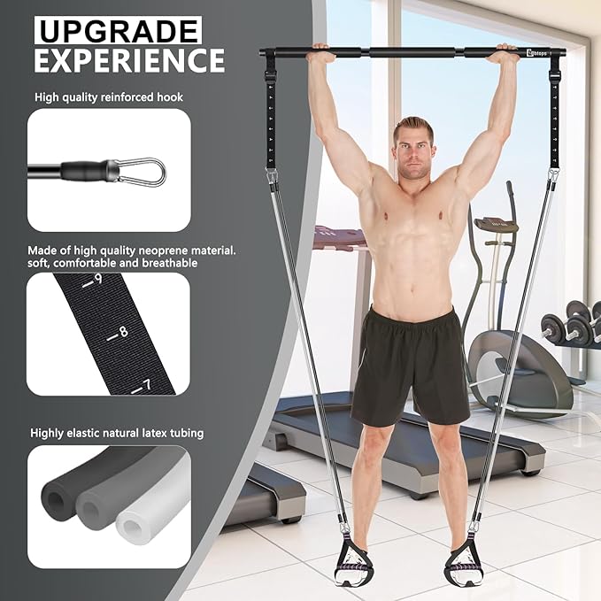 Pilates Bar Kit with Resistance Bands,Ab Roller,2 in 1 Foot Strap & Handle,Door Anchor Pilates Equipment with Resistance Bands, Portable Home Gym Yoga Fitness Bar for Women & Men