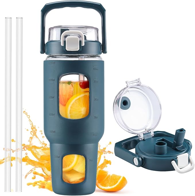 BLUEGO 40oz Glass Tumbler with Lid and Straw, Glass Water Bottles with Handle, Glass Cup with Time Marker and Silicone Sleeve, Fits Most Cup Holder, Leak-proof, Dark Blue