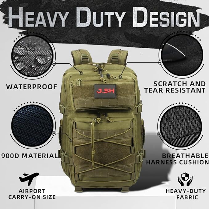 J.SH 45L Large Capacity 3-Day Tactical Backpack, Waterproof & Tear-Resistant, MOLLE System, Adjustable Straps (chest strap and waist strap), Hiking Backpack for Men & Women - Green