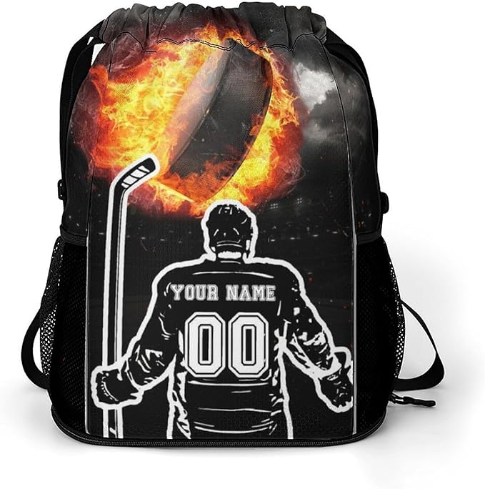 Custom Hockey Drawstring Backpack - Cool Cinch Sack, String Backpacks with Pocket for Kids Women Men Boys Girls for Gym Outdoor Sports Travel Athletic Drawstring Bag - Lightweight/Foldable