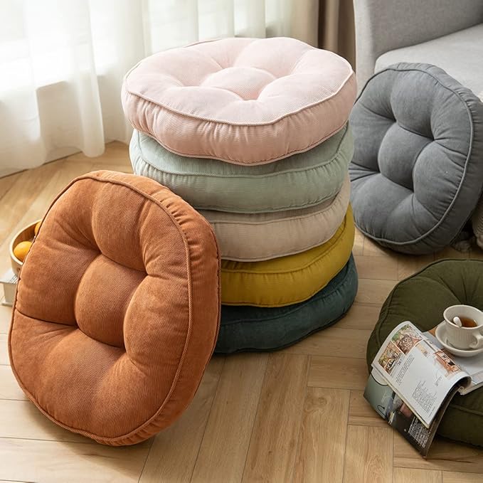 Corduroy Chair Pads Seat Cushion Soft Thicken Bedroom Living Room Floor Tatami Cushion Round Seat Pad for Kids Reading Adult Office,1 Count (Pink,22"x22")