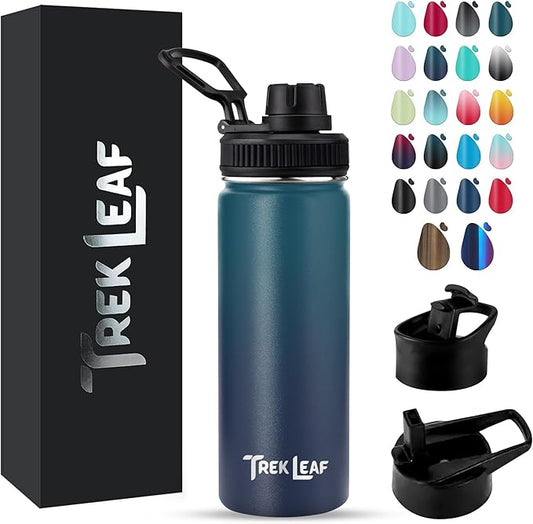 Travel Water Bottle with 3 Lids (Spout, Straw, Flip) Leak Proof, Quality, Vacuum Insulated, Stainless Steel (Deep Water, 18 oz)