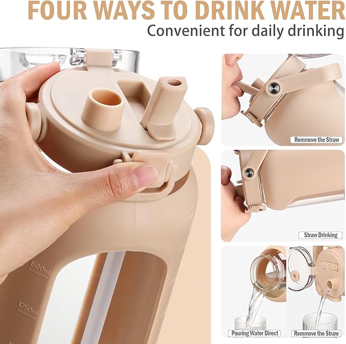 BLUEGO 64oz Glass Water Bottles with Straw Time Marker Half Gallon Large Motivational Water Bottle with Silicone Sleeve 2 Liter Large Glass Water Jug for Gym, Sports& Workout, Daily, Amber