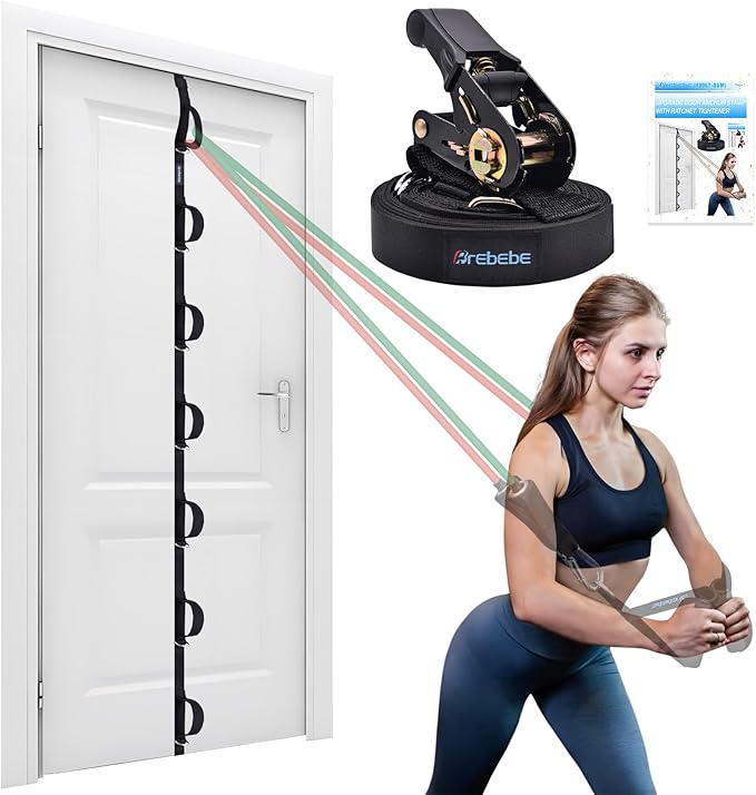 Brebebe Upgrade Door Anchor for Resistance Bands Exercise, Multi Points Anchor With 7 Loops + 7 D Rings, Home Gym Workout Equipment With Ratchet Adjust Tighten Strap, Not Loose, Sturdy