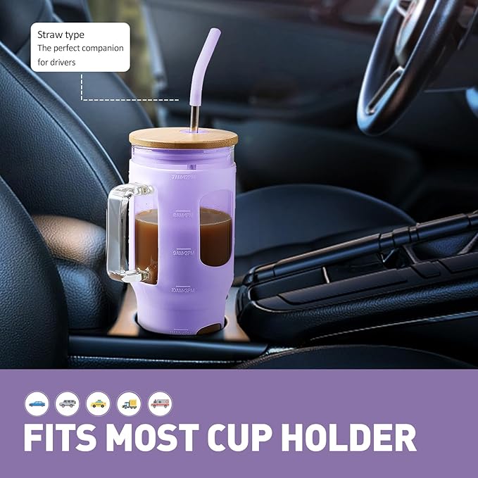 32 oz Glass Tumbler with Straw and Lid, Glass Water Bottles with Time Marker, Silicone Protective Sleeve - Purple