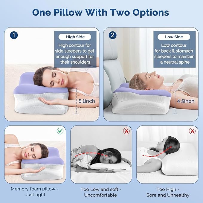 Cervical Neck Pillow, Ergonomic Side Sleeper Pillow for Neck Support, Cooling Memory Foam Pillows for Sleeping, Contour Orthopedic Bed Pillows for Side Back Stomach Sleepers with Removable Pillowcase