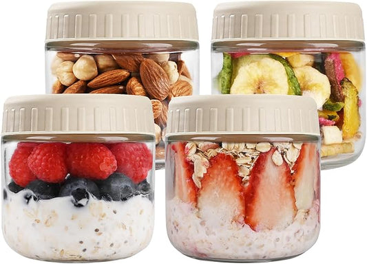 Overnight Oats Containers with Lids, 10oz Glass Jars with Lids 4 pcs, Apricot, Wide Mouth Mason jars for Salad, Yogurt, Snacks, Meal Prep