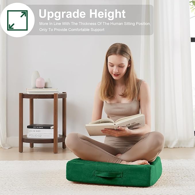 2 Pcs High Density Foam Floor Pillow - Upgraded Large Pillows Seating for Adults - Outdoor Floor Cushion with Soft Tufted Cover - Yoga Pillows for Sitting On Floor - 22 Inch Green