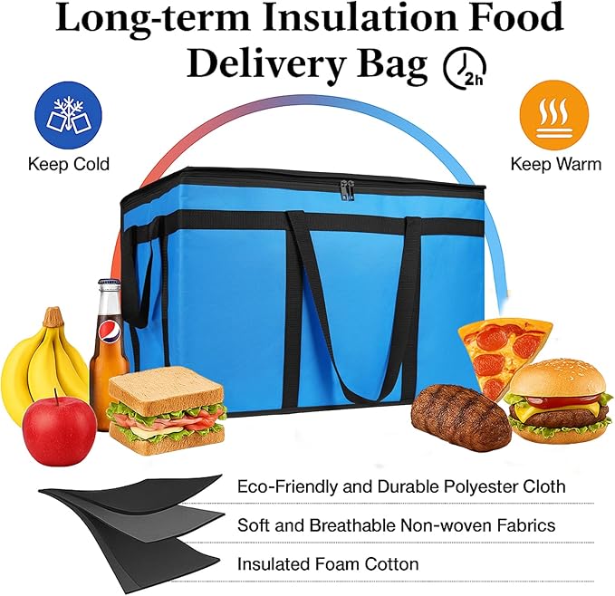 Bodaon Large 2-Pack Insulated Food Delivery Bag With Hard Bottom, XXXL Grocery Shopping/Catering bag, Pizza Cooler Bags, Cold/Hot Styrofoam Carrier for Doordash/Travel/Car, Door Dash Accessories
