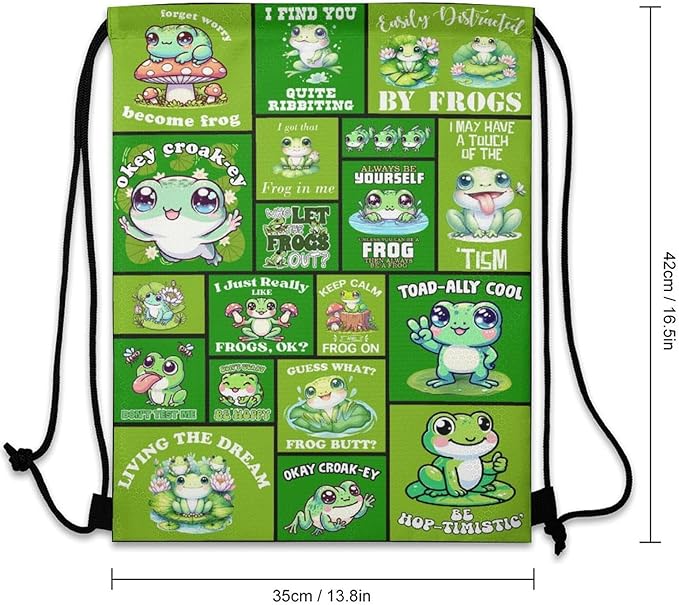 Frog Drawstring Backpack - Cute Cinch Sack, String Backpacks for Kids Women Men Boys Girls for Gym Outdoor Sports Travel Athletic Drawstring Bag - Lightweight/Foldable