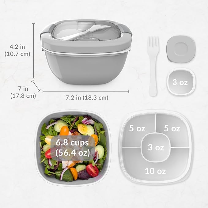 Bentgo Salad Container - 54 oz Bowl with 4-Compartment Toppings Tray, Leak-Proof Dressing Container, Reusable Fork, BPA-Free Lunch Box for Meal Prep & Food Storage; Removable Bento Tray (Gray)
