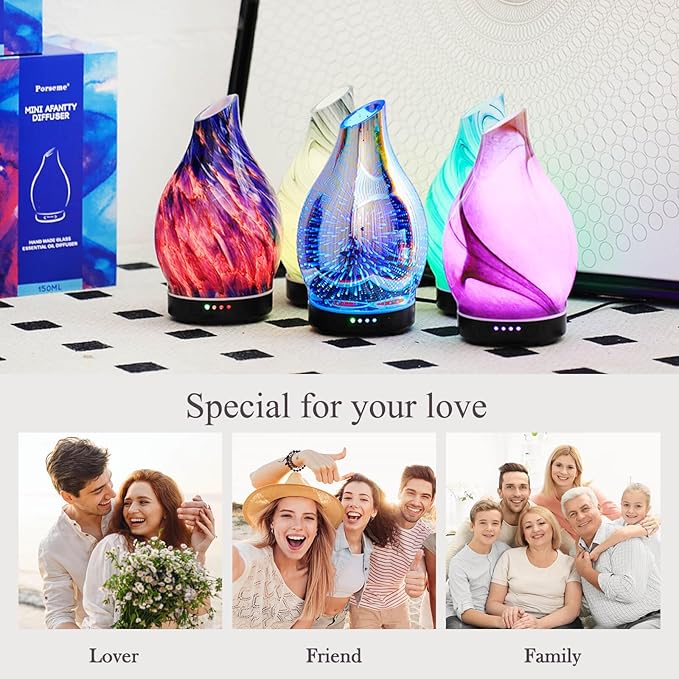 Porseme 150ml Essential Oil Diffuser Glass Color Changing Aroma Air Diffusers Aromatherapy Ultrasonic Cool Mist Humidifier 6 Running Hours Waterless Auto-Off for Sleeping Yoga Office Spa (mini Desert)