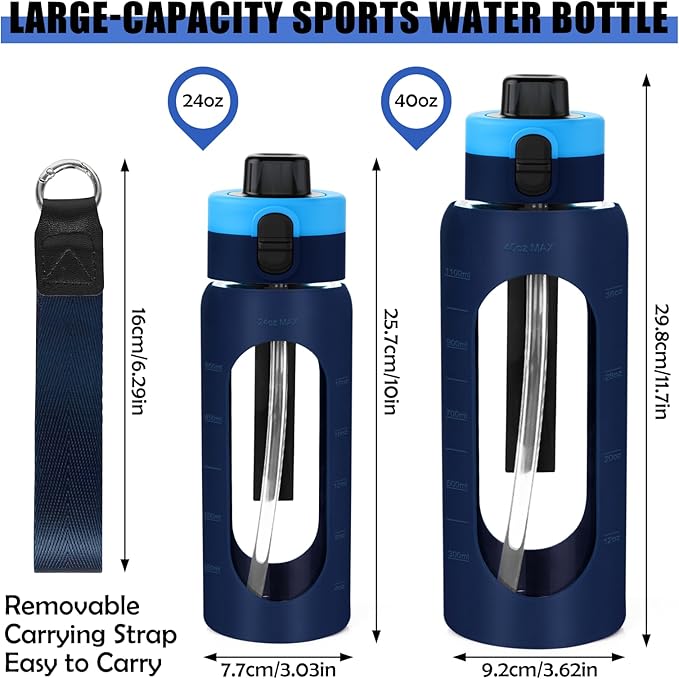 ANOTION 24OZ Glass Water Bottle, Large Sports Water Bottle with Dual-Drink Lid Clear Leakproof Glass Bottles with Straw, Motivational Jug with Silicone Sleeve and Time Marker for Travel Gym-Blue