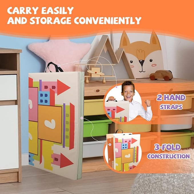 Kangaroo Hoppers Gymnastics Tumbling Mats for Kids, Foldable Gym Mat with Carrying Handles for Home Activity Play