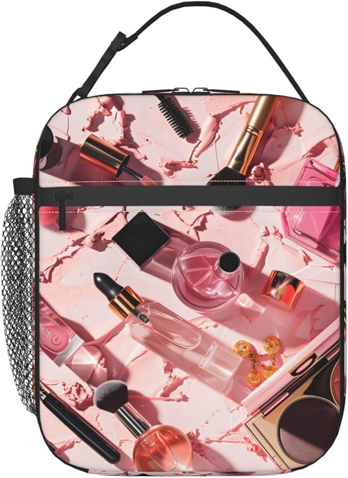 Insulated Lunch Box for Women Men, Pink Makeup Theme Lunch Box Reusable Portable Lunch Bag Cooler Tote Waterproof Lunch Container for Office Picnic Work Travel