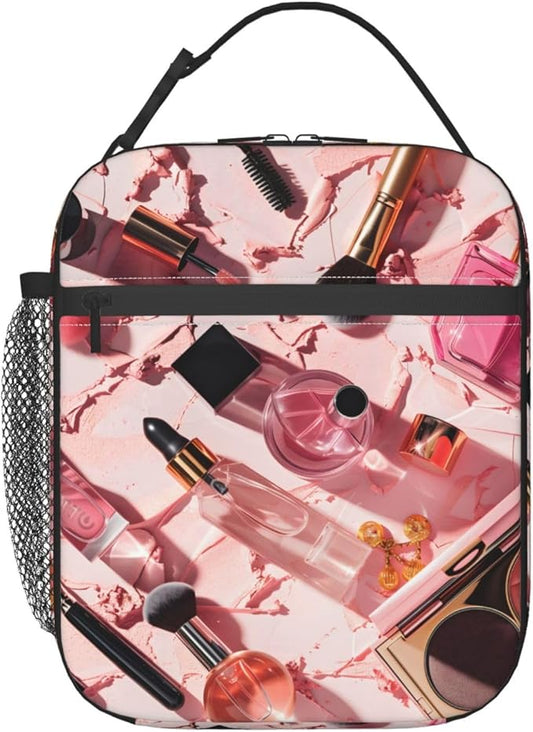 Insulated Lunch Box for Women Men, Pink Makeup Theme Lunch Box Reusable Portable Lunch Bag Cooler Tote Waterproof Lunch Container for Office Picnic Work Travel