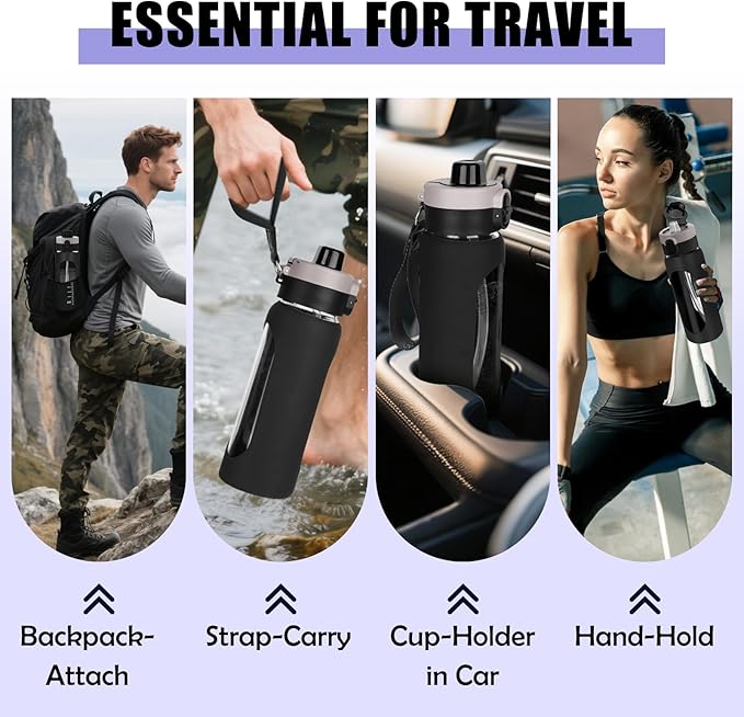 ANOTION 24OZ Glass Water Bottle, Large Sports Water Bottle with Dual-Drink Lid Clear Leakproof Glass Bottles with Straw, Motivational Jug with Silicone Sleeve and Time Marker for Travel Gym-Black