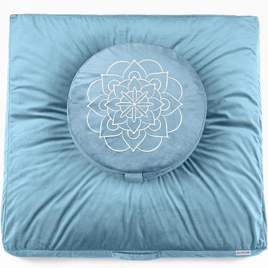 Hihealer Meditation Cushion Set Large Velvet Floor Pillow & Traditional Tibetan Yoga Bolster for Adults Zafu Meditation Mat with Buckwheat Filling