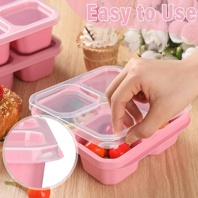 12 Pcs 4 Divided Compartments Snack Containers Bento Wheat Straw Snack Box with Lid Reusable Meal Prep Lunch Box Food Storage Containers for Adults Travel Work (Pink)
