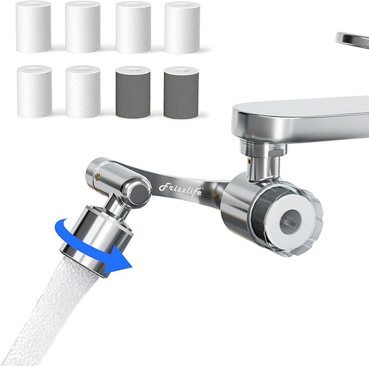 Frizzlife Splash-proof Water Filter for Sink Faucet, Certified Reduce 99% Chlorine, Odor, 1080° Rotating Tap Aerator, 2 Modes Spray Attachment for Kitchen/Toddlers/Bathroom Sink Filter, 9pcs Filter