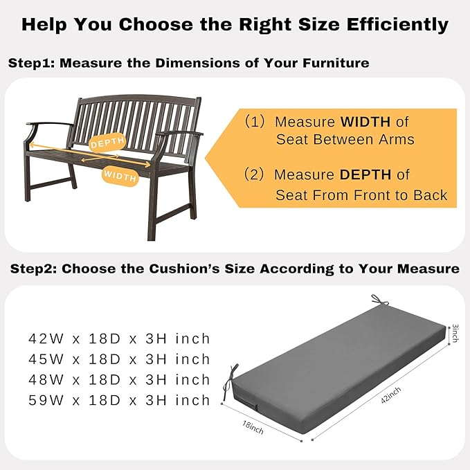 idee-home Outdoor Bench Cushion Waterproof, Bench Cushions for Outdoor Furniture, Patio Porch Swing Replacement Seat Pad with Ties for Garden Backyard, 42 x 18 Inch Dark Grey