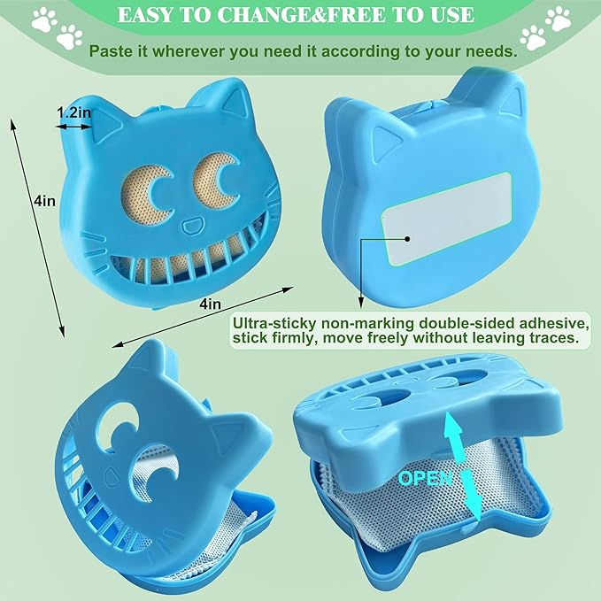 Unscented Cat Litter Box Deodorizer Kit Stick-On Activated Carbon Odor Eliminators Compatible with most manual and automatic litter boxes (4 Refills+ 1 Box) (Blue, Unscented)