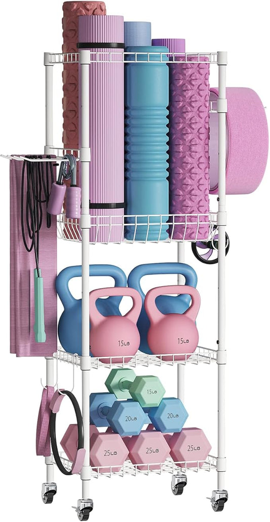 VOPEAK Home Gym Storage Rack with Wheels, Yoga Mat Storage Organizer for Kettlebells, Dumbbells, Resistance Bands, Space Saving Weight Rack for Home Gym, Garage, Easy to Install