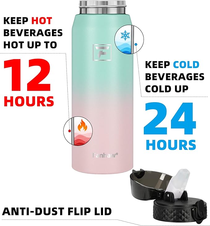 Fanhaw 24 Oz Stainless Steel Insulated Sports Water Bottles with Straw for Kids, Men and Women (Green Pink)