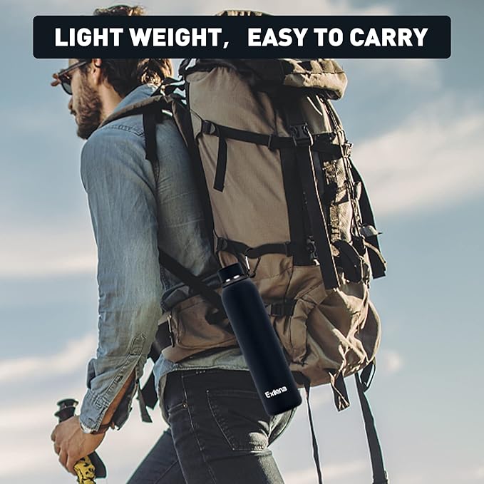 Slim Insulated Water Bottles for Travel 25oz with Clip, Double Wall Vacuum Stainless Steel Water Bottle Keeps Drinks Cold 24 Hrs/Hot 12 Hrs, 100% Leakproof, BPA Free(Black)