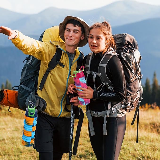 5 Pack Collapsible Water Bottles 17 oz Silicone Portable Lightweight Foldable Water Bottle with Carabiner Leakproof Reusable for Travel Camping Hiking Cycling Sport Outdoor(Rainbow)