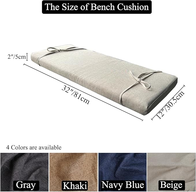 32 x 12 Inch Piano Bench Cushions for Indoor Furniture with Ties Non Slip Kitchen Dining Room Bench seat Cushion for Shoe Storage Ottoman Window Settee pad, Beige