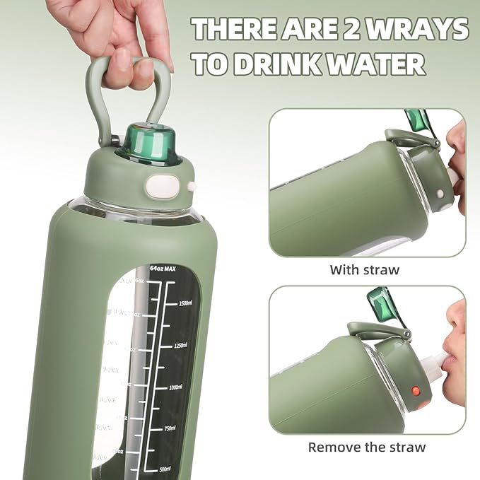 SIEROZUR 32 Glass Water Bottle with Straw and Handle Motivational Water Bottles with Silicone Sleeve and Time Marker Leakproof Borosilicate Water Bottle for Gym Home Office