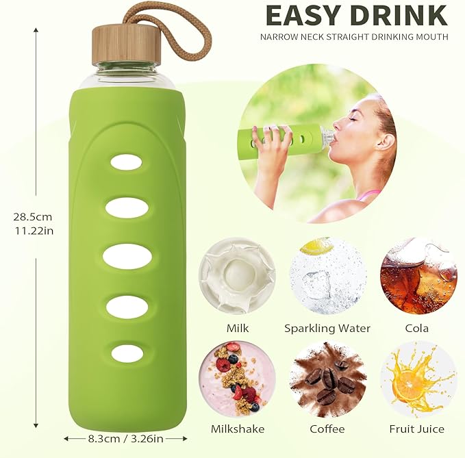 Sport 32oz Glass Water Bottle 1000ml /1 liter Borosilicate Glass Water Bottle Reusable Waterbottle Jugwith Silicone Sleeve and Unique Lid (Green