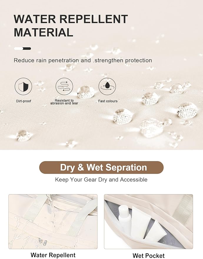 Gym Bag for Women Men with Shoe Compartment, Sport Duffel Bag, Waterproof Travel Weekender Overnight Carry on Bag for Yoga with Trolley Sleeve, Beige