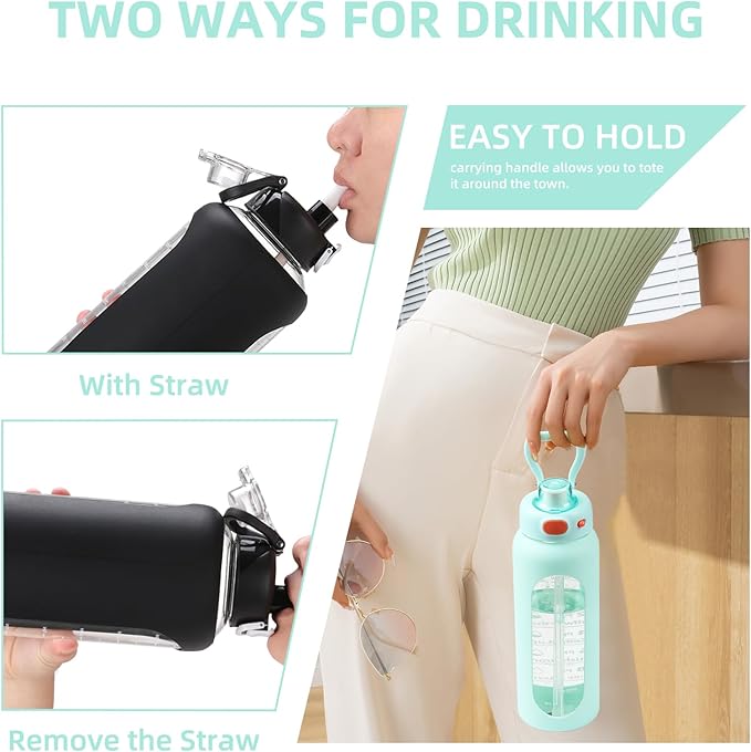 SIEROZUR 32 Glass Water Bottle with Straw and Handle Motivational Water Bottles with Silicone Sleeve and Time Marker Leakproof Borosilicate Water Bottle for Gym Home Office