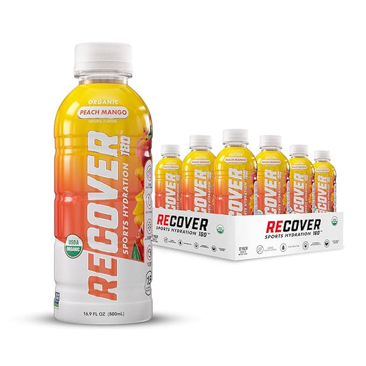 RECOVER 180 Organic Sports Hydration Drink, No Sugar Added, 20 Calorie Sports Beverage, Organic Flavors With Vitamins, Potassium-Packed Electrolytes (16.9 Fl Oz (Pack of 12), Peach Mango)