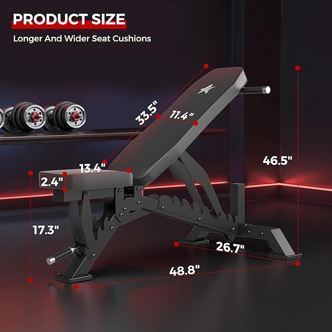 Weight Bench, Adjustable Workout Bench for Home Gym Full Body Workout, 1300LBS Weight Capacity Bench Press, Flat/Incline/Decline Bench with 33" Extra-Long Backrest & Wheels