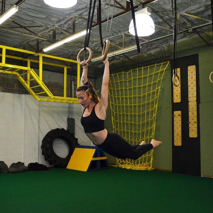 Titan HD Wall Mounted Pull Up Chin Up Bar with 8 in. Wood Olympic Gymnastic Rings - 1.5 in. W Heavy Duty Thick Straps &