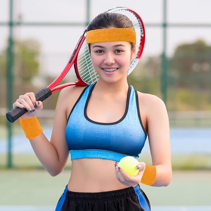 Civaner 12 Pcs 80s 90s Sweatbands Neon Headbands Wristbands for Men Women Party Sports Cotton Headbands Terry Cloth Athletic Sweat Bands for Tennis Football Gym Workingout Accessories