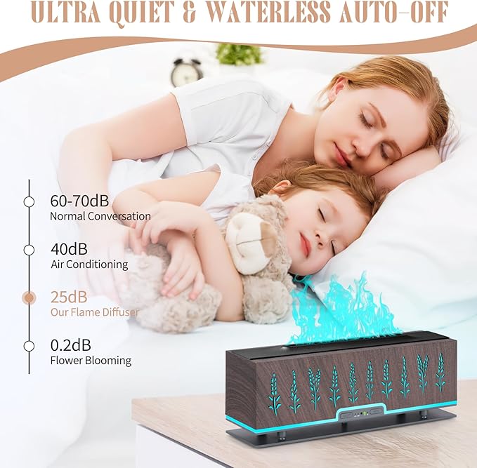 Colorful Essential Oil Diffuser, 7 Colors Flame Fire Diffuser, 200ML Ultra-Quiet Aromatherapy Diffuser with Remote Control, Timer Up, Auto-Off Protection for Home,Office,Bedroom (Deep Brown)