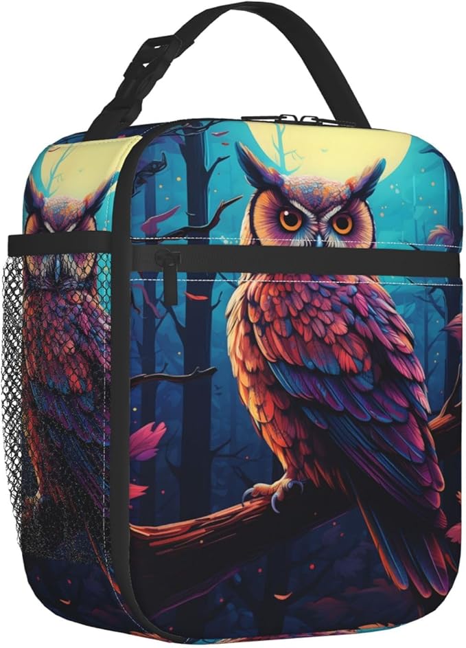 Cool Owl Lunch Box for Kids,Bird Insulated Bag for Student,Animal Reusable Thermal Insulation Cooler Tote Bags for School Work Picnic Camping Outdoor Gifts (Owl and Moon)