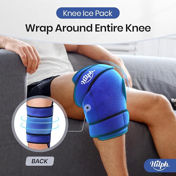 Hilph Knee Ice Pack Wrap, Reusable Adjustable Brace with 2 Gel Hot Cold Packs Around Entire Knee for Pain Relief, Replacement Surgery & Meniscus Tear, ACL, Arthritis, Swelling, Blue