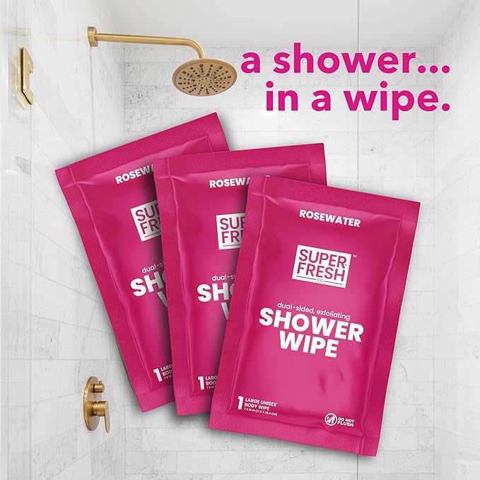 Super Fresh Shower Wipes Large RoseWater Body Wipes for No Rinse Bathing Personal Hygiene Gym Travel or Camping Enriched with Aloe and Vitamin E 20 Individually Wrapped Disposable Sheets