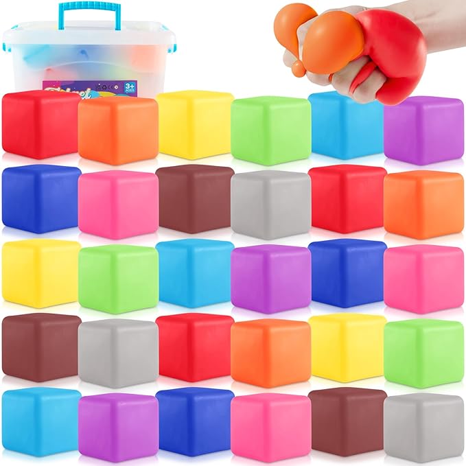 Slow Rising Stress Cube 30 Pack, Square Cube Fidget Ice Cube Stress Balls, Dough Stress Balls Soft Fidget Squishy Toys for Anxiety Relief, Pull Stretch Squishy Toy, Classroom Prize Box Toys (30PACK)
